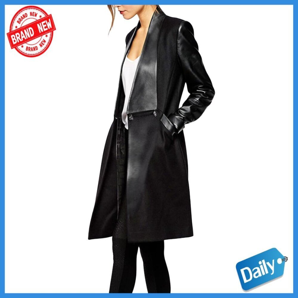 Faux Leather Trench Coat Long Sleeve Double Breasted Lapel Collar Regular Fit